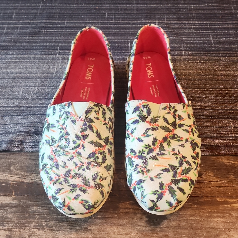 TOMS Women's Floral Canvas Shoes - Cream and Green